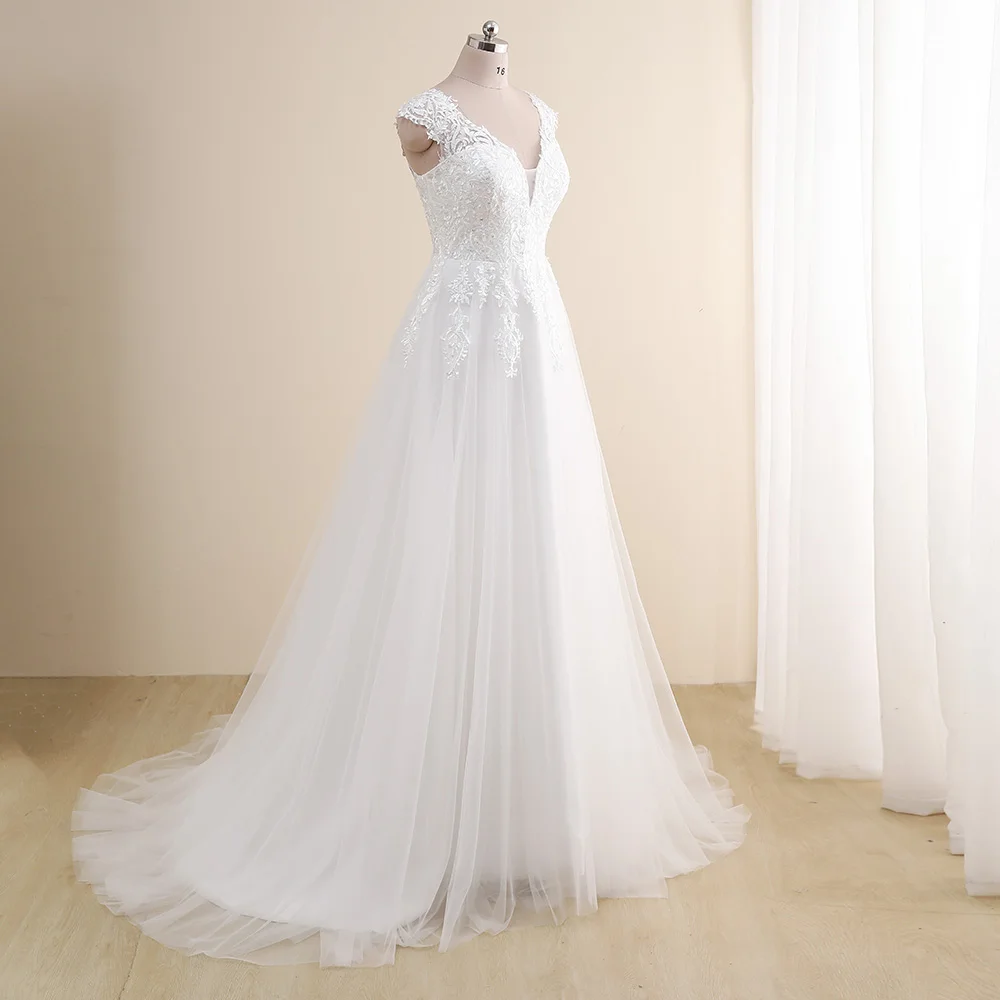 Incredibile abito da sposa taglie forti personalizzato scollo a V maniche ad aletta abiti a linea tulle applique in pizzo abito da sposa Robe De Mariee