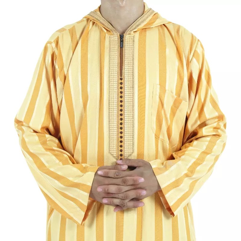 Novo qatar muçulmano marroquino manga comprida com capuz design islâmico algodão e linho listra robe masculino árabe kaftan adoração abaya