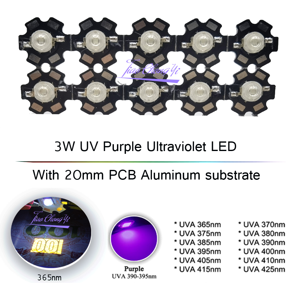 3 W UV-lila LED-UV-Glühbirnen, Lampenchips, 365 nm, 375 nm, 380 nm, 385 nm, 395 nm, 405 nm, 410 nm, 420 nm, mit 20 mm PCB-Aluminiumsubstrat