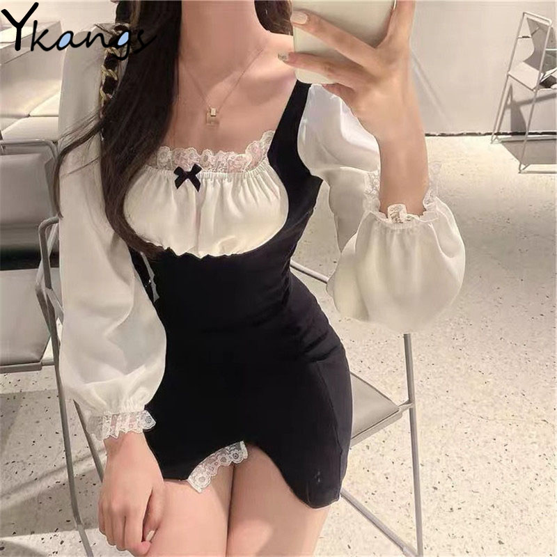 Patchwork Lengan Puff Panjang Gaun Kerah Persegi Wanita Y2K Gaun Estetika Split Pita Renda Harajuku Gaya Korea Gaun Chic Perempuan