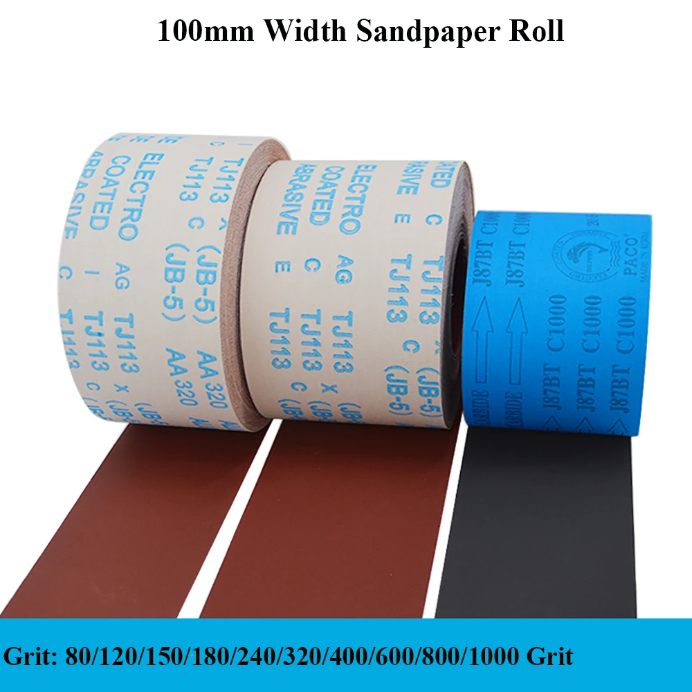Rollo de papel de lija de 1/2/5M, 4 '', 100mm de ancho, tela de esmeril, hojas abrasivas de lijado, grano 80, 120, 150, 180, 240, 400, 600, 800, 1000