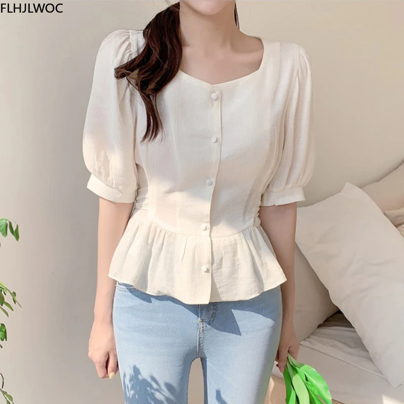 Dễ Thương Ngọt Xù Lông Peplum Cao Cấp Mùa Hè Hàn Quốc Sang Trọng Nhật Bản Phong Cách Flhjlwoc Preppy Bé Gái Bán Trong Suốt Áo Sơ Mi Nữ Top Áo Kiểu