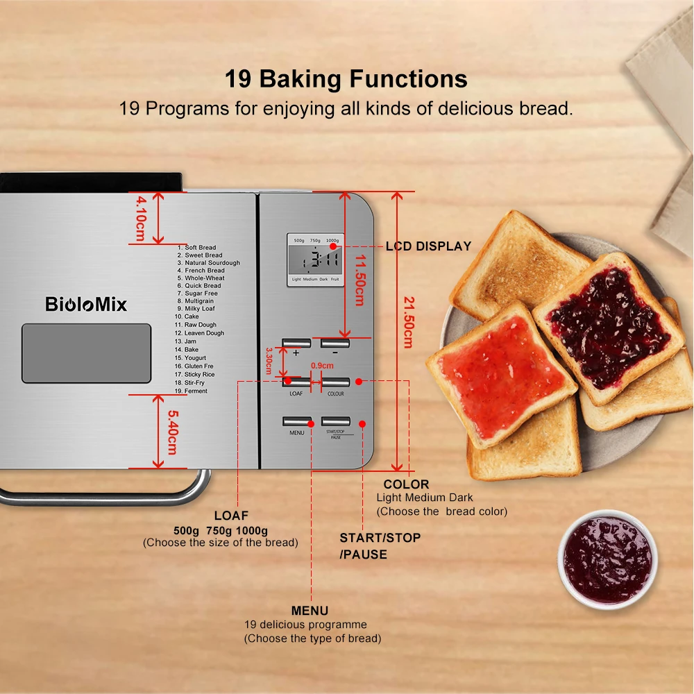 Biolomix Edelstahl 1KG 19-in-1 Automatische Brot Maker 650W Programmierbare Brot Maschine mit 3 loaf Größen Obst Mutter Dispenser