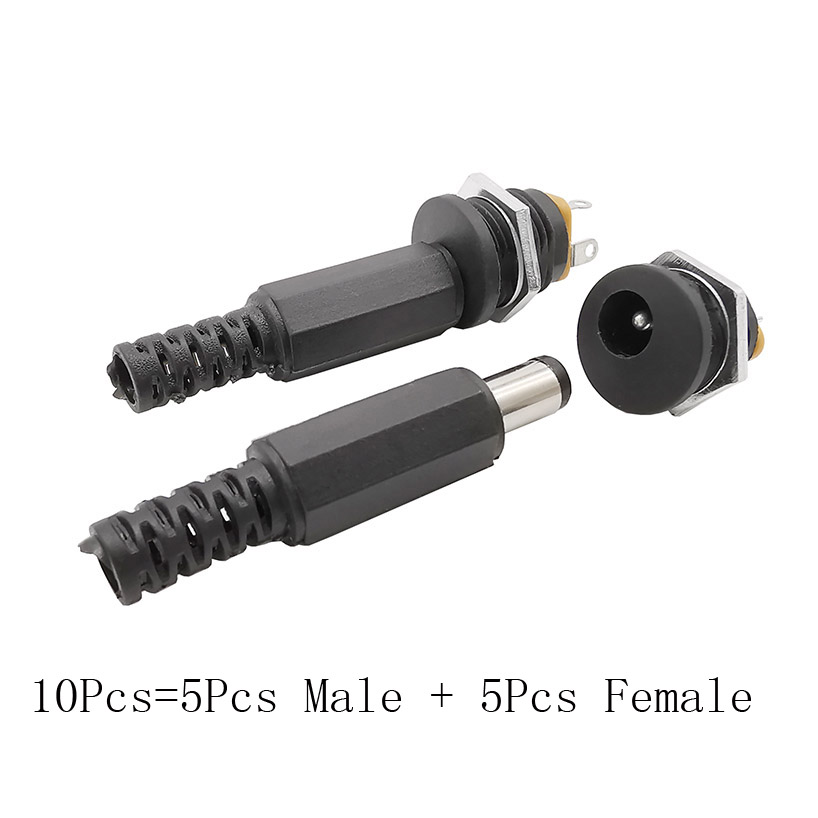 10 Uds (5 pares) 12V 3A 5,5x2,1mm conector macho de alimentación CC toma de corriente CC conector hembra tuerca de tornillo adaptador de montaje en Panel 5,5*2,1mm
