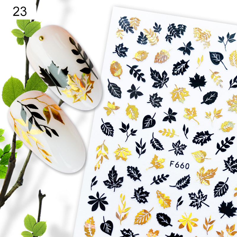 1 Vàng Đen Nám Lá Cây 3D Miếng Dán Móng Tay Ánh Kim Geometrics Đường Keo Chuyển Miếng Dán DIY Trang Trí Móng Tay