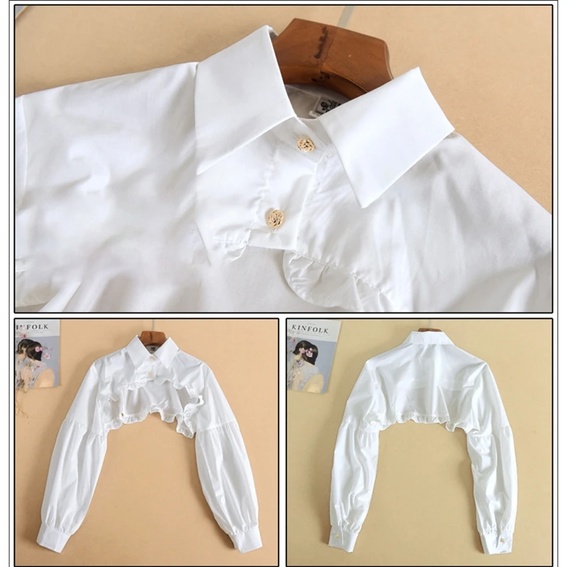 ผู้หญิงพัฟแขนยาวด้านบนเสื้อ Ruffled Edge Golden ปุ่มที่ถอดออกได้ปลอมฤดูหนาวเสื้อกันหนาวตกแต่ง