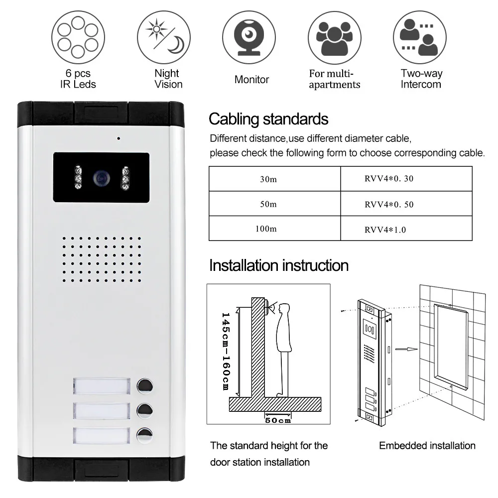 Unidade externa 700TVL com intercomunicador bidirecional e luz LED para apartamentos mais seguros-2/3/4/6 botões