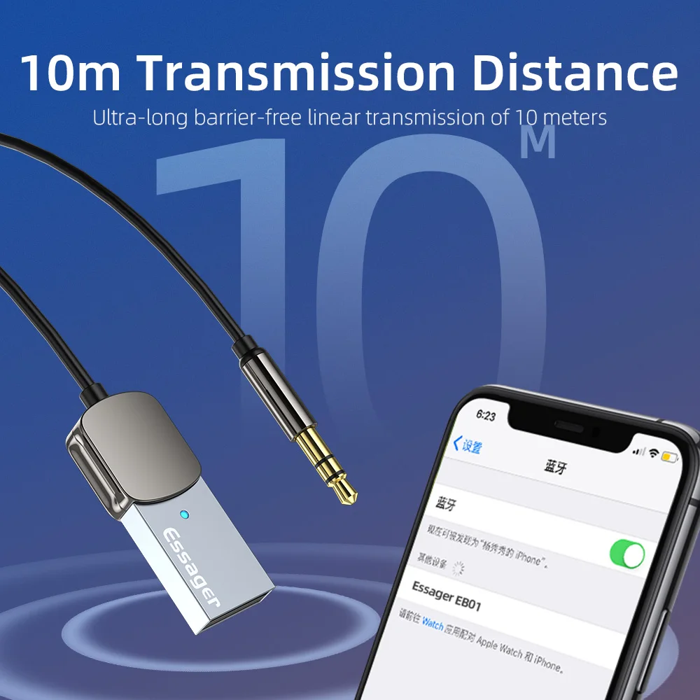 Essager-adaptador auxiliar Bluetooth, Dongle USB a conector de 3,5mm, Audio para coche, Aux, Bluetooth 5,0, Kit manos libres para receptor de coche, transmisor BT
