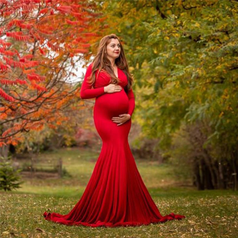 Wiosenne eleganckie sukienki ciążowe na sesję zdjęciową kobiety w ciąży sukienka z długim rękawem dekolt w serek fotografia ciążowa sukienka na prysznic