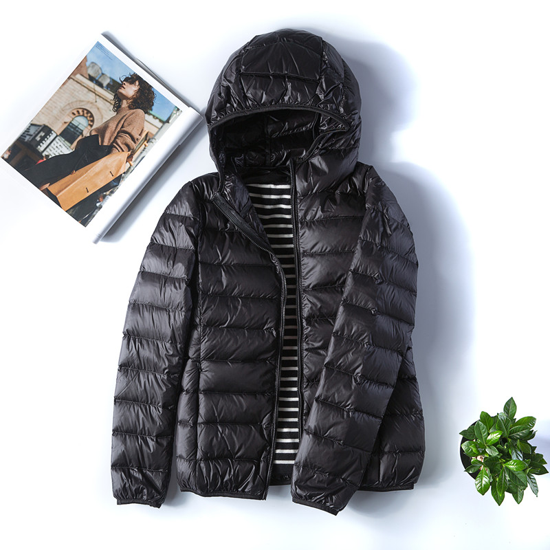 Casacos de pato branco para mulheres, casacos com capuz, ultra leves, portáteis, inchados, à prova de vento, magros, parkas quentes, 7XL, fêmeas, 0-10 ℃, outono, inverno