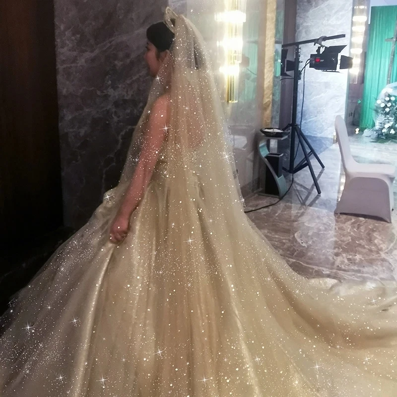 B58-D Sparkle แต่งงานแชมเปญสีงานแต่งงาน Veils Bling เจ้าสาวยาว3M/5M ผ้าคลุมหน้าเจ้าสาวหรูหรา cathedral Veil