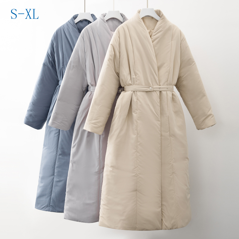 Novo design 2025 feminino inverno grosso casaco quente parka à prova de água maxi longo puffer com cinto oversized casual outerwear