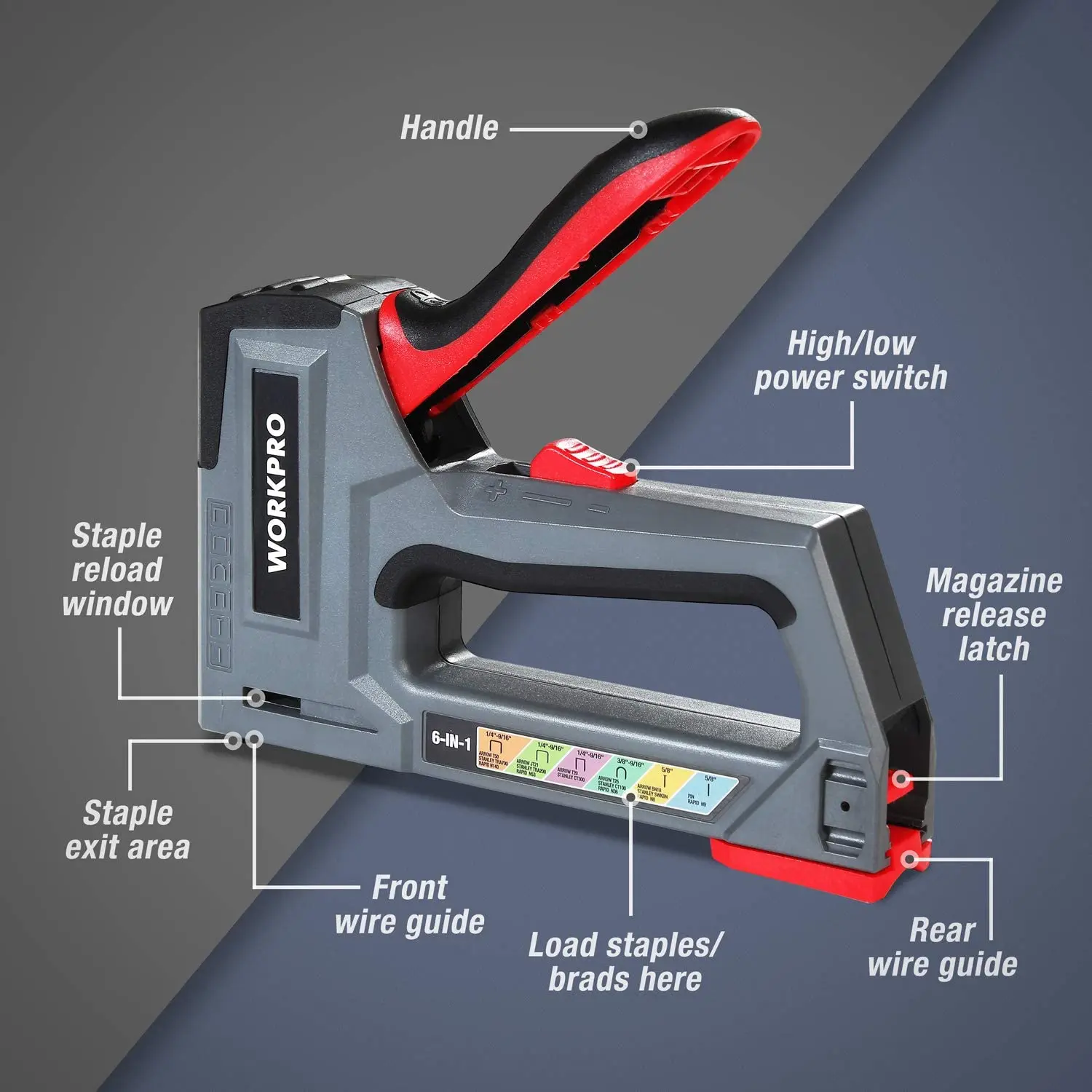 WORKPRO 6 Trong 1 Nặng Súng Bắn Ghim Để Cố Định Chất Liệu Bằng Tay Súng Bắn Đinh Wth Hai Lựa Chọn Dòng Điện cho DIY Trang Trí Nhà