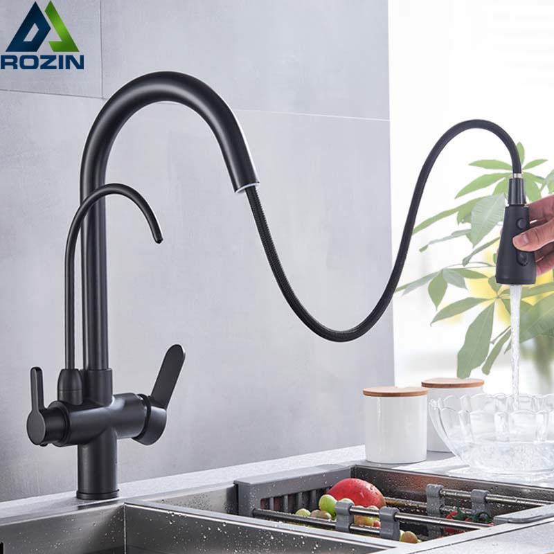 Robinet de cuisine à eau de purification noir 360 °   Robinets d'eau à filtre rotatif, pulvérisateur extractible, mitigeur d'eau chaude et froide à 3 voies