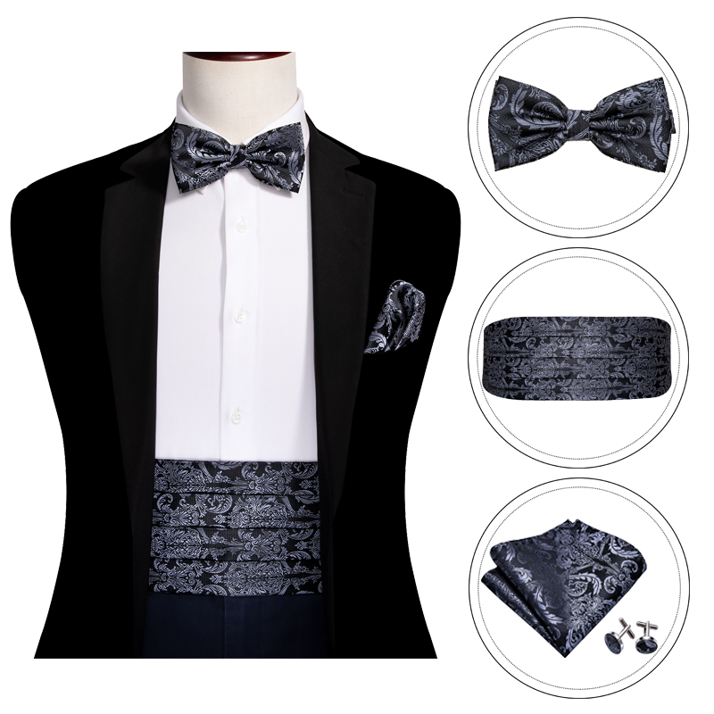 Conjunto de pajarita Floral de seda para hombre, cachemira negra Formal de esmoquin, gemelos cuadrados de bolsillo, accesorios de traje, Barry.Wang B-100