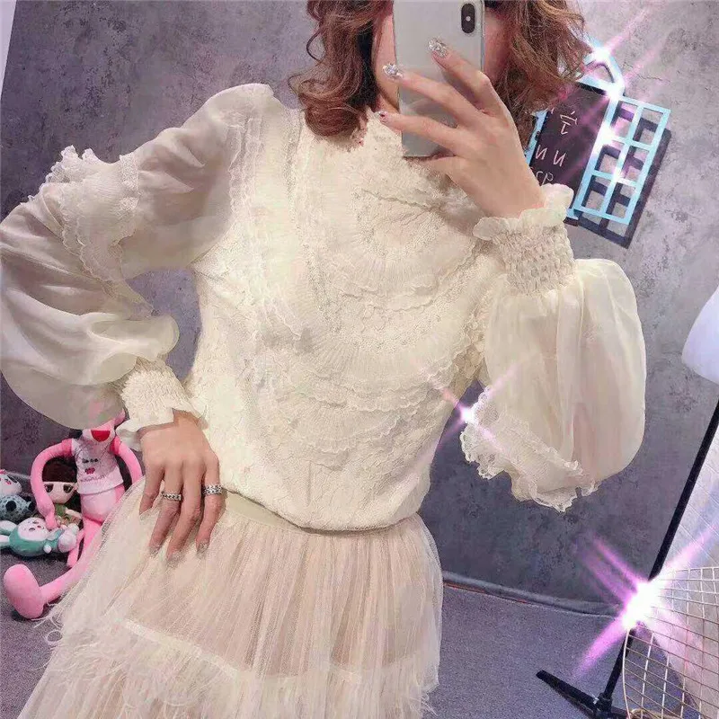 Camisa de renda feminina com lanternas florais doces, blusa de malha feminina com babados com fundo curto, primavera e outono, 1744