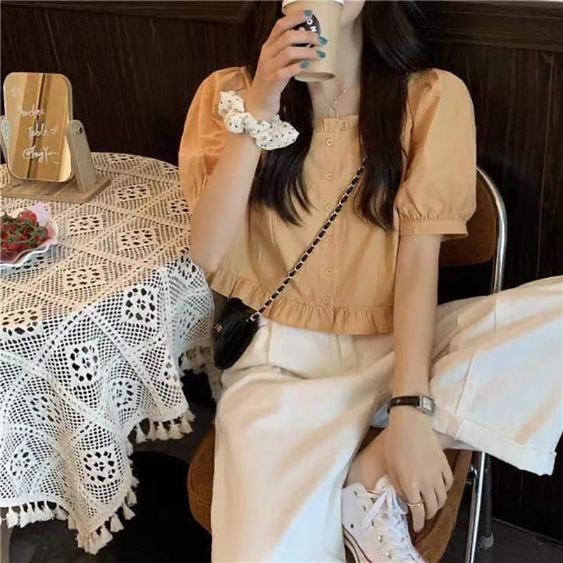 Camisa corta con volantes para mujer, camisa corta de algodón de color sólido con botones frontales de manga corta abombada de verano, blusa para mujer