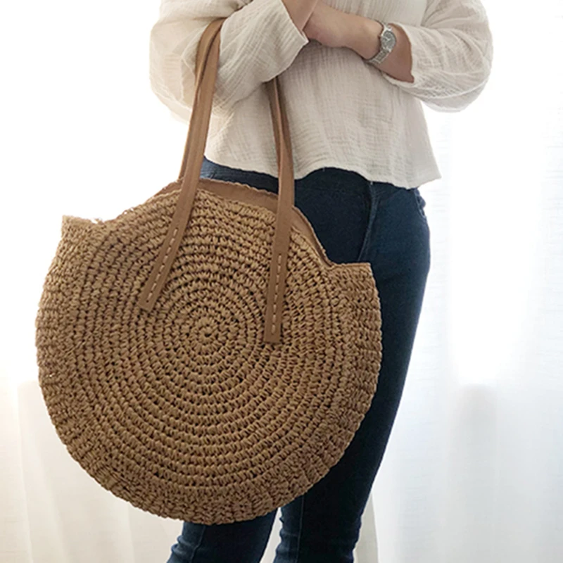 Vòng Ống Hút Túi Xách Đi Biển Vintage Handmade Đeo Vai Raffia Vòng Tròn Mây Túi Bohemian Kỳ Nghỉ Hè Áo Túi