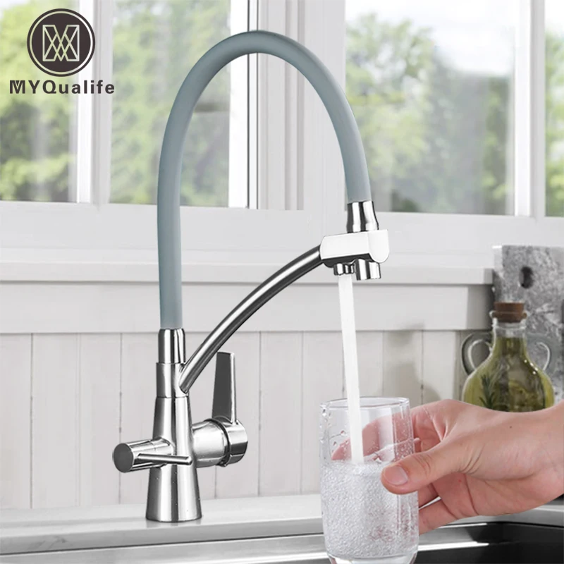 MYQualife Marke Neue Küche Waschbecken Wasserhahn Tippen Reines Wasser Filter Mischer Kran Dual Griffe Reinigung Küche Warmen und Kalten Wasserhahn