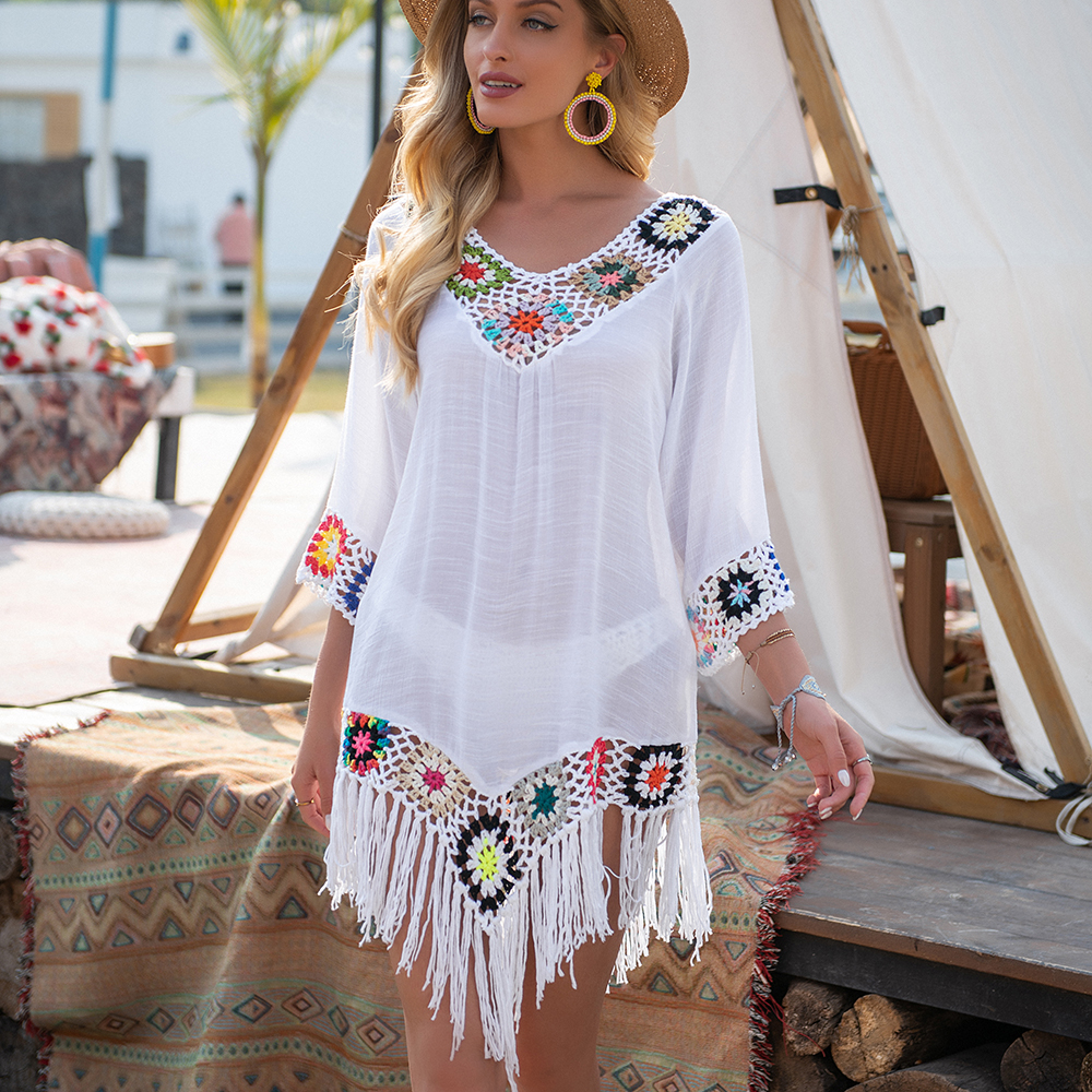 Biquíni de crochê branco, saída de biquíni com franja, feminino, sexy, túnica oca, vestido de praia, verão, roupa de banho, roupa de praia