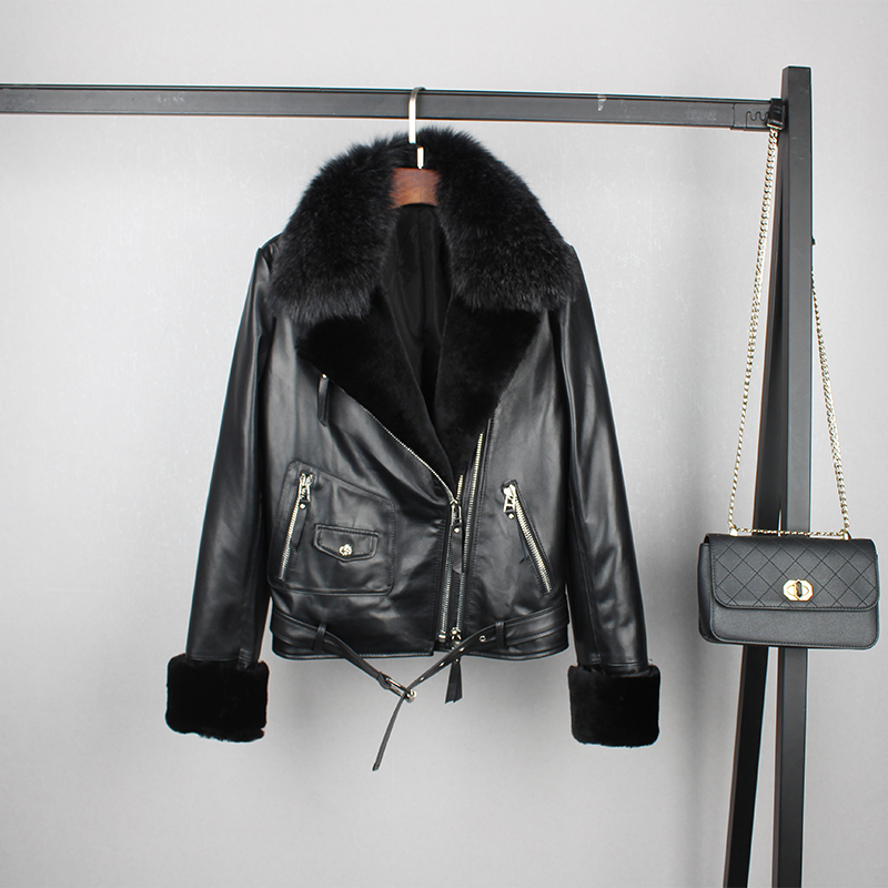 ฤดูหนาวผ้าฝ้ายหนา Warm Real Sheep หนังแจ็คเก็ตหญิงบางธรรมชาติ Fox ขนสัตว์แกะขน Cuff Coat f685