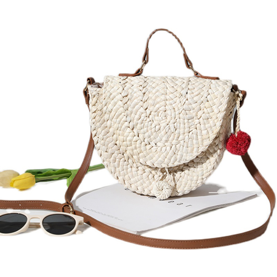 Casual verão artesanal sacos de palha feminino rattan bolsa meia lua sacos de ombro all-match viagem tecer mensageiro saco crossbody