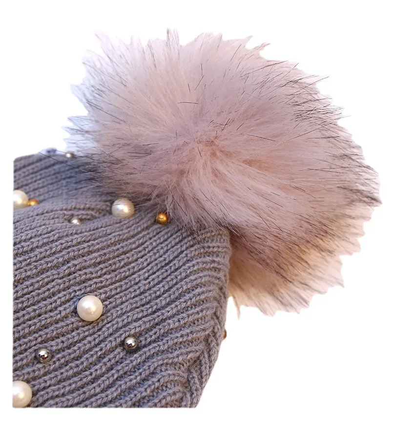 Gorro de lana con bolas de pompón para mujer, gorro de punto con perlas y diamantes de imitación, informal, cálido, para exteriores, invierno, 2021