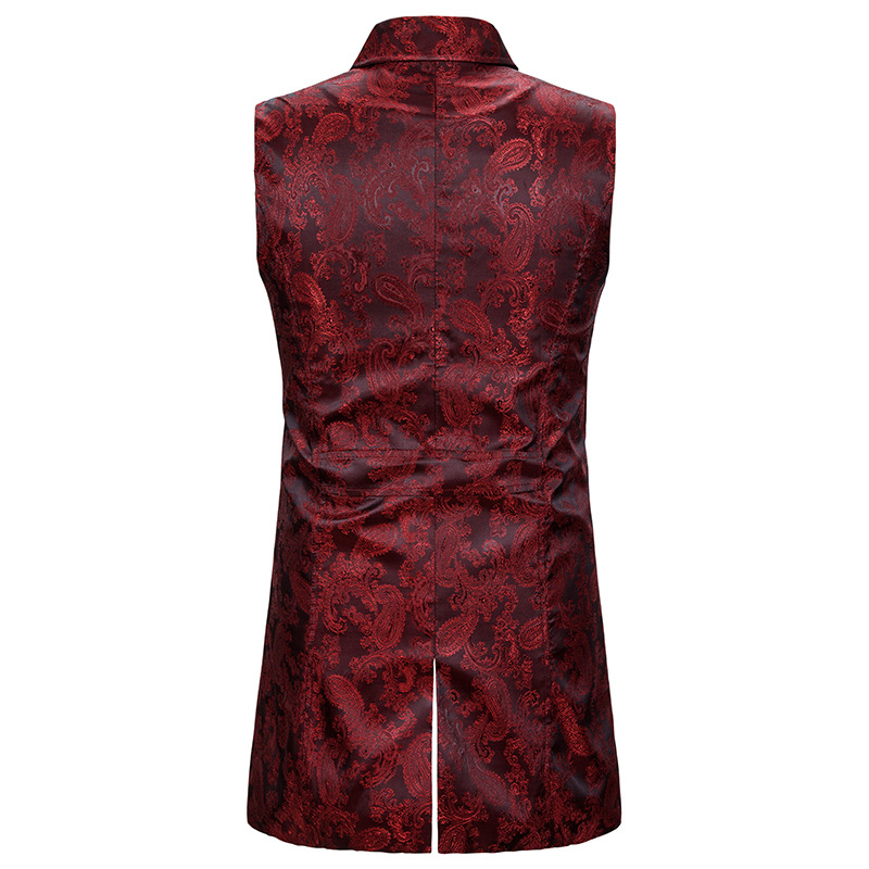 ไวน์แดง Paisley Jacquard ยาวเสื้อกั๊กผู้ชาย Double Breasted Lapel Brocade เสื้อกั๊กเสื้อกั๊ก Mens Gothic Steampunk แขนกุด Tailcoat