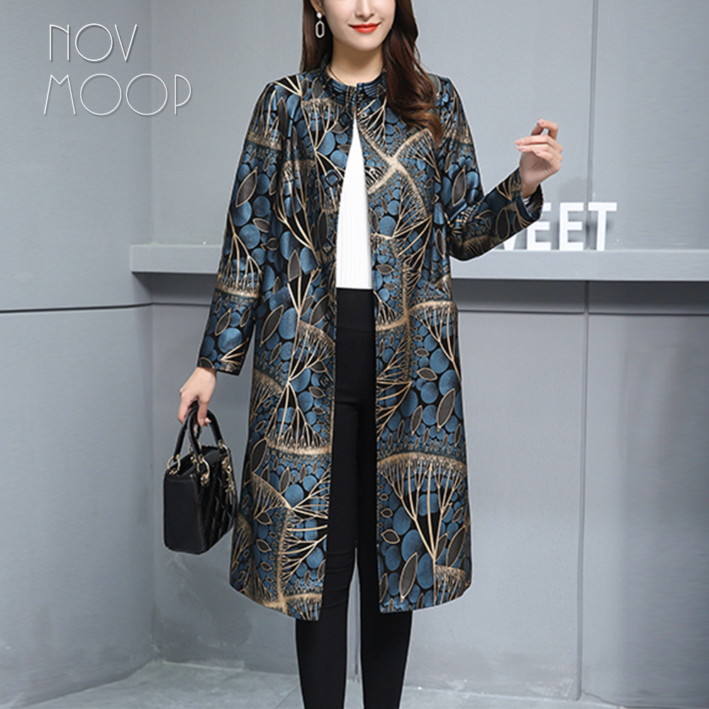 Novmoop genuine leather women overcoat floral pattern printed sheepskin oversize Italy luxurious style LT3365