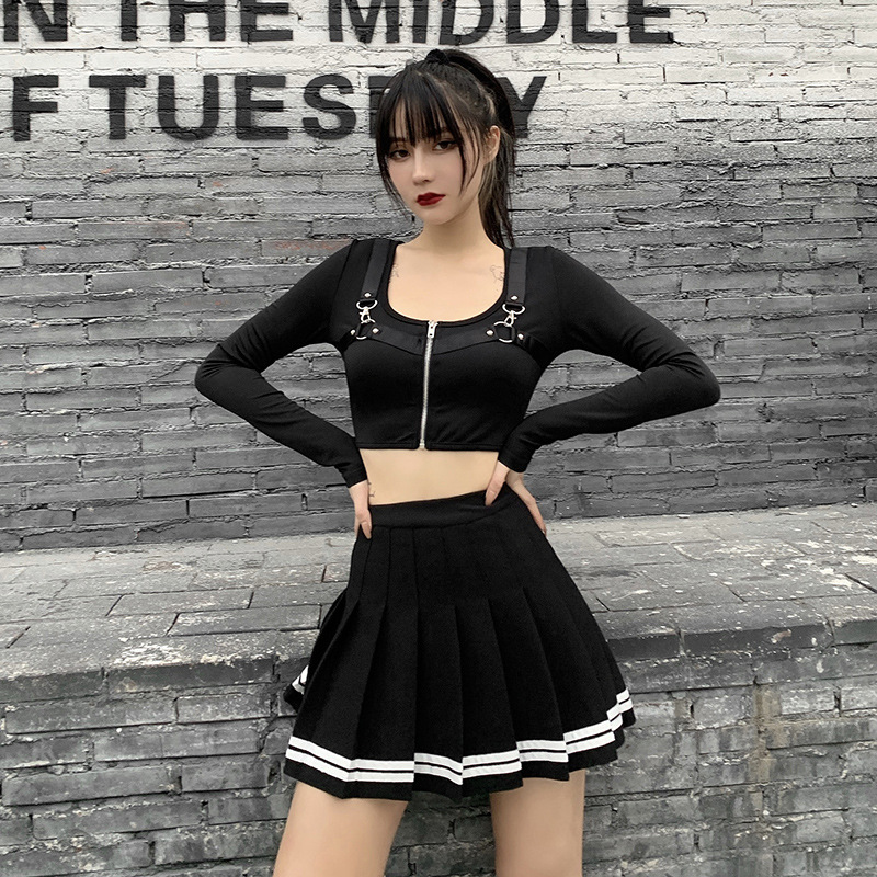 Vintage Koreanischen Stil Patchwork Rock Harajuku JK Schwarz Faltenröcke Gothic Streetwear Hohe Taille Mini Rock Frauen Punk Rock