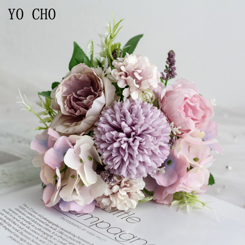 Ramo de boda de YO CHO, rosa de seda Artificial, flor de peonía, ramo de novia, pompón de hortensia rosa, punta de vainilla, suministros de boda