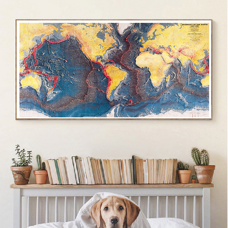 225x150cm 1960-1980 세계지도 지구의 지진 바다 바닥 파노라마, 연구 학교 용품 거실 홈 장식용
