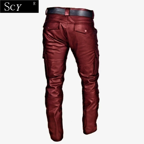 Calça masculina de couro para motocicleta com bolsos cargo, preta, calça de couro para motocicleta sem cinto