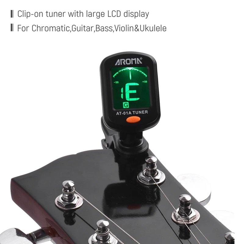 AROMA AT-01A Accordatore per chitarra Girevole Clip-on Sintonizzatore Display LCD per chitarra acustica cromatica Basso Ukulele Accessori per chitarra