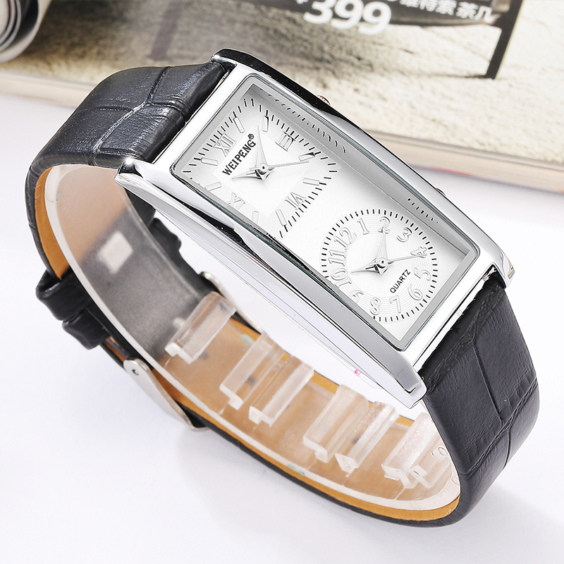 Dual Dial Unisex นาฬิกาหนังแท้คู่นาฬิกาข้อมือควอตซ์ Simple Minimalist ผู้ชายผู้หญิงชายหญิงสีดําสีขาวนาฬิกา