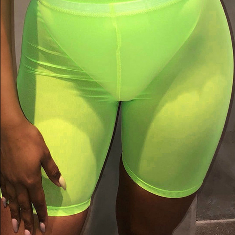 Strand Stil Neon Farben Transparent Casual Sexy Mesh Shorts Frauen Harajuku Hohe Taille Elastische Bodycon Kurzen Jogginghose Club Tragen
