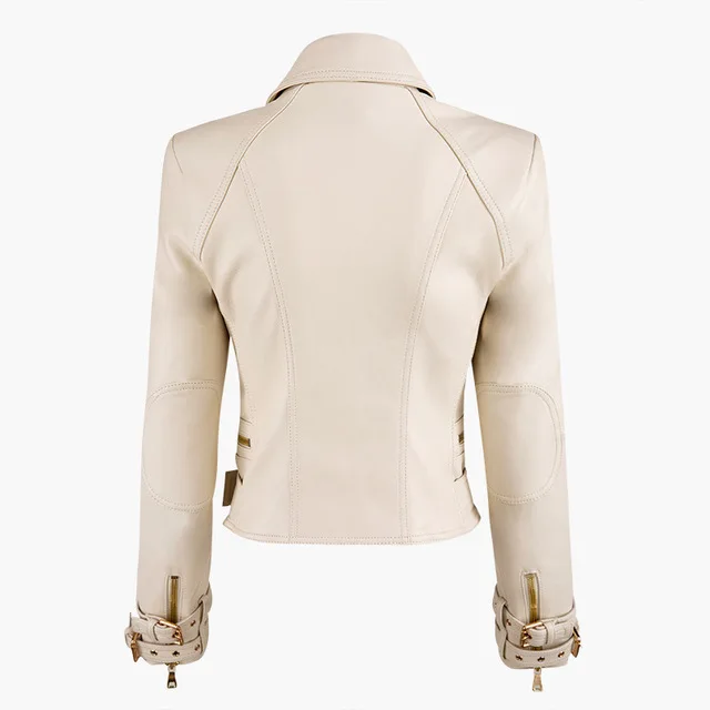 แฟชั่นซิปเย็บ Pu หนัง Jacket หญิงหัวรถจักรสไตล์คู่ Pu หนัง Outerwear แจ็คเก็ตหนัง F374