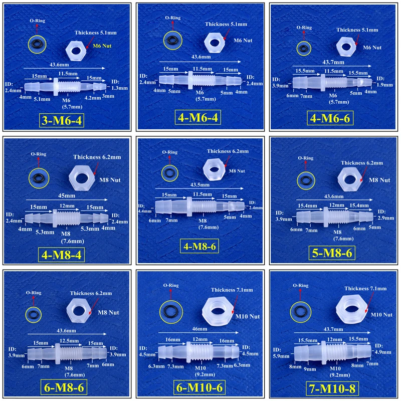 5 ~ 200 Chiếc M6 ~ M10 Đến 3 ~ 8Mm PP Chùa Trực Tiếp Kết Nối Lục Giác Hạt O-vòng Bể Cá Bơm Không Khí Adapter Tưới Vườn Vòi Khớp