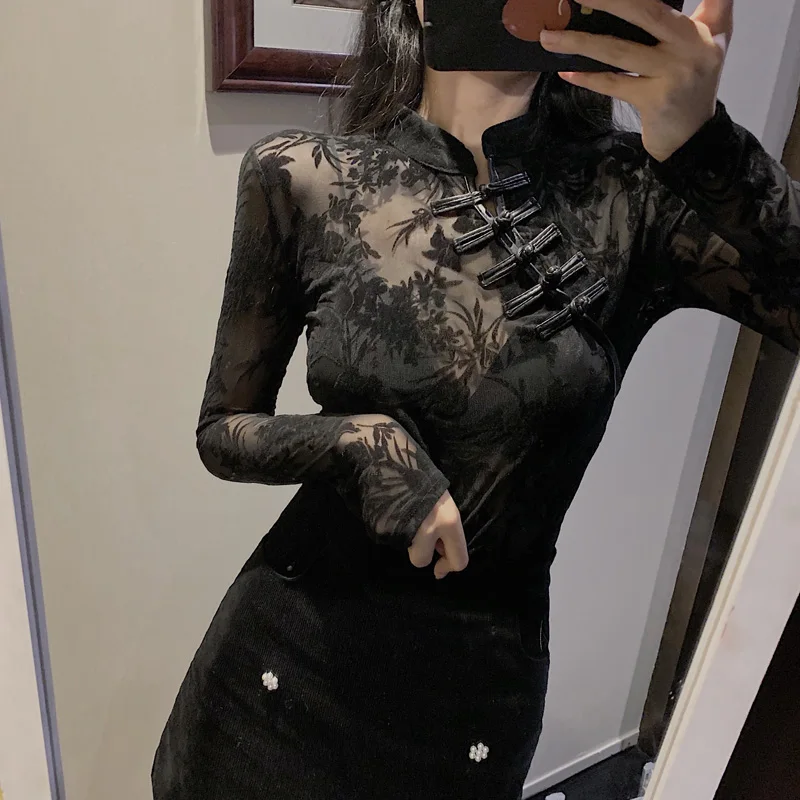 女の子透明レースブラウスシャツ Tシャツ女性中国風のタートルネックヴィンテージフルスリーブ黒ブラウストップス女性のための