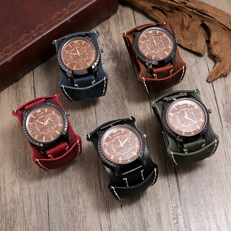 Jessingshow Mới Thời Trang Nam Đồng Hồ Sang Trọng Mặt Lớn Thạch Anh Tình Nhân Dây Da Rộng Punk Vòng Tay Đồng Hồ Thể Thao Nam Tặng