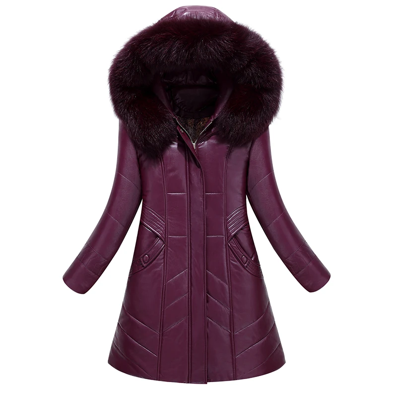 L-8XL Frau Leder Mantel Winter 2024 Neu Mode Mutter Jacke Verdicken Warm Pelzkragen Mit Kapuze Schaffell Mantel Lose Lang Oberbekleidung Weiblich Übergröße