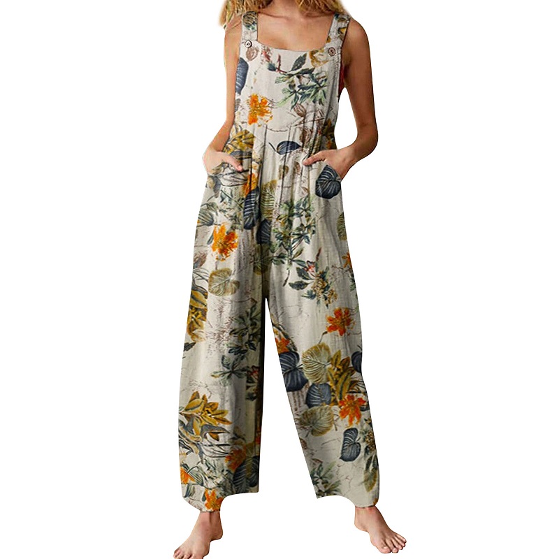 Frauen Strampler Heißer Sommer Neue Lose Leinen Baumwolle Overall Ärmellose Backless Blatt Blumen Druck Square Neck Playsuits Overalls