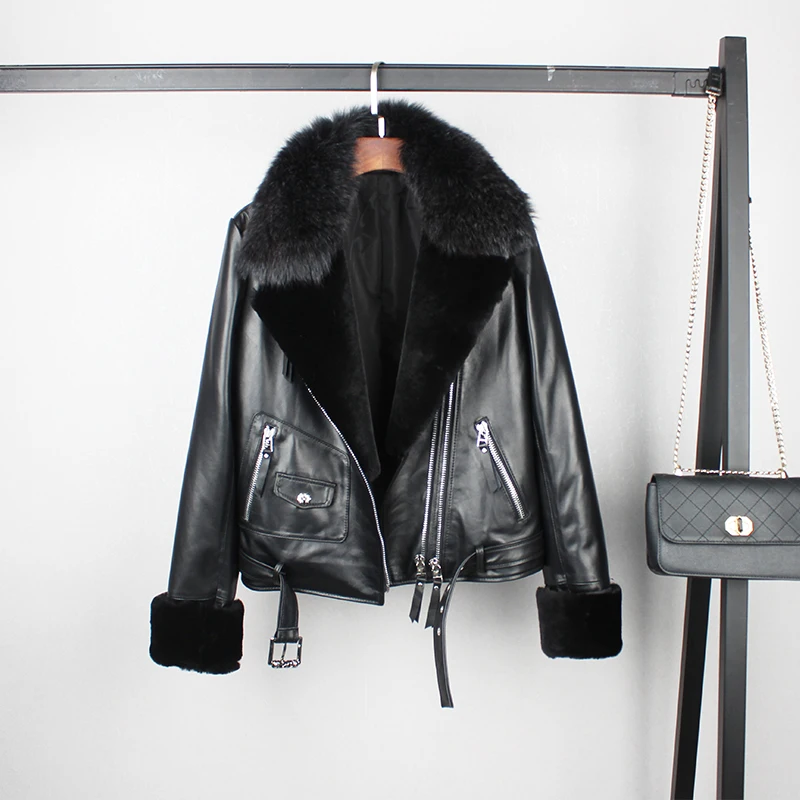 ฤดูหนาวผ้าฝ้ายหนา Warm Real Sheep หนังแจ็คเก็ตหญิงบางธรรมชาติ Fox ขนสัตว์แกะขน Cuff Coat f685