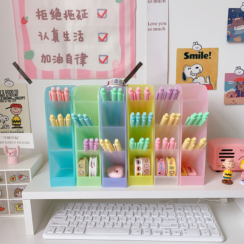 キャンディーカラー 4 グリッドデスクトップペンホルダーかわいい小さなビッグサイズメイクブラシ口紅ペン収納オーガナイザー学校文具
