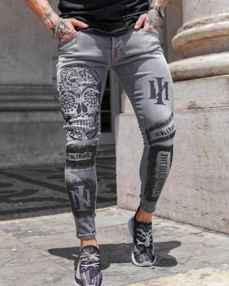 Pantalones vaqueros elásticos a la moda para hombre, pantalones informales, pantalones vaqueros grises ajustados con estampado, pantalones vaqueros estampados a la moda para hombre, pantalones pitillo para hombre