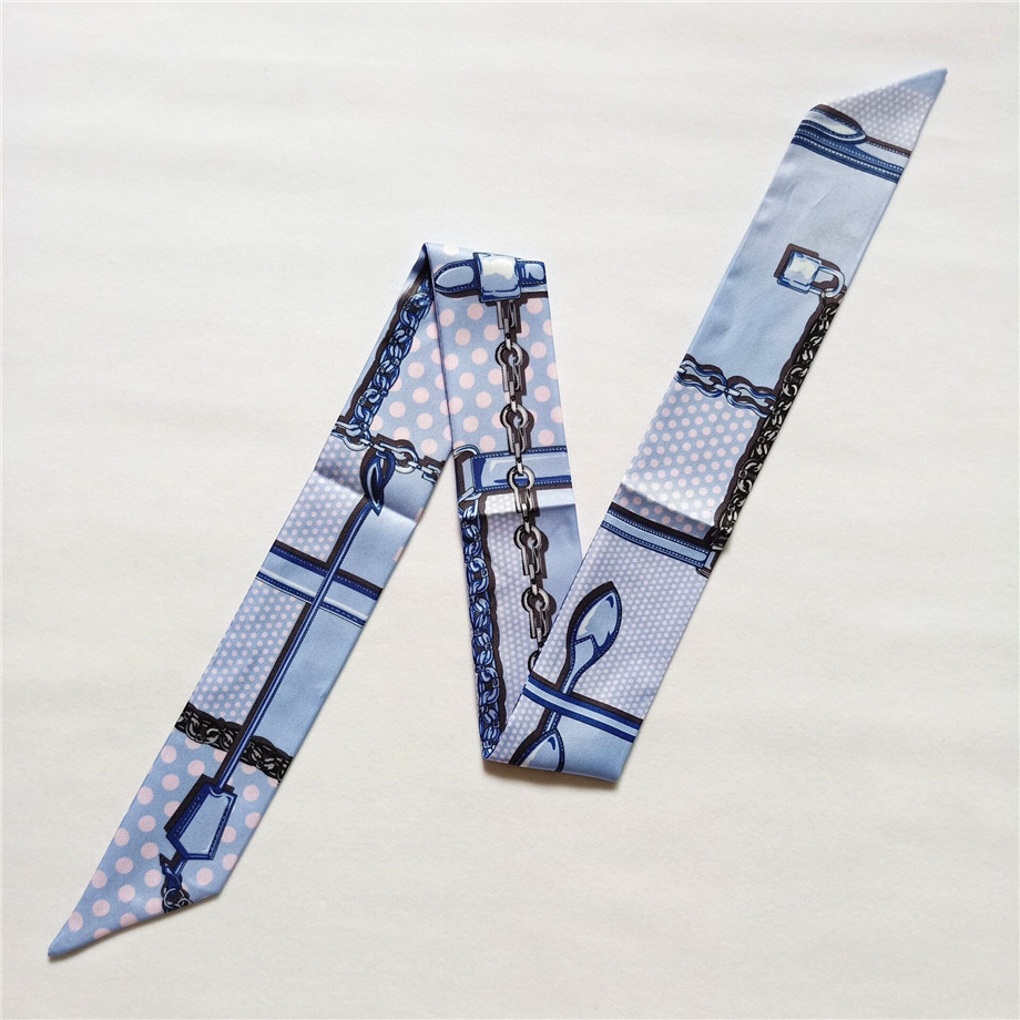 Bufanda de seda ajustada para mujer, pañuelo de marca de lujo, con cadena de puntos a cuadros, para la cabeza, con asa larga, para bolso, 2023