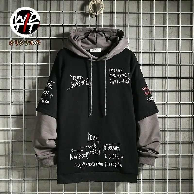 Primavera/otoño suéter para hombre Retro falso de dos piezas con capucha coreano estampado de Hip Hop sudadera holgada con capucha chaqueta acolchada de lana para hombre