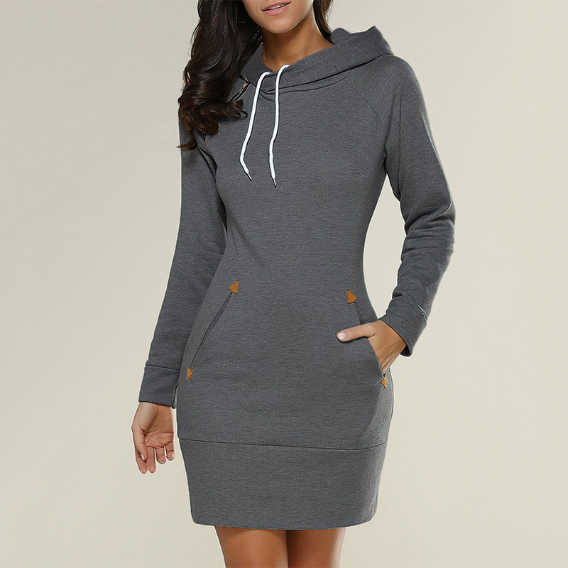 Vestido con bolsillos hasta la rodilla para mujer, sudadera cálida con capucha, manga larga, escote con cremallera lateral, falda deportiva informal sencilla