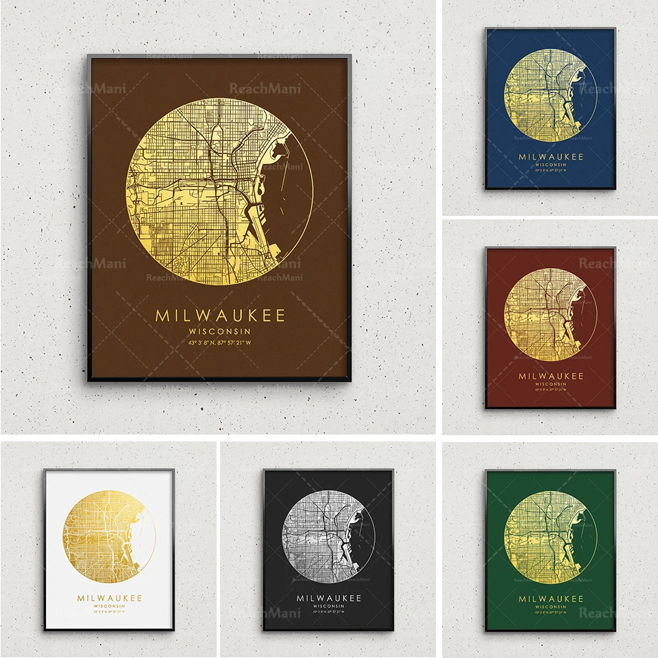 Milwaukee Peta Cetak Emas dan Perak Peta Nordik Ruang Tamu Dekorasi Kanvas Poster Modern Dekorasi Rumah Seni Cetak Lukisan