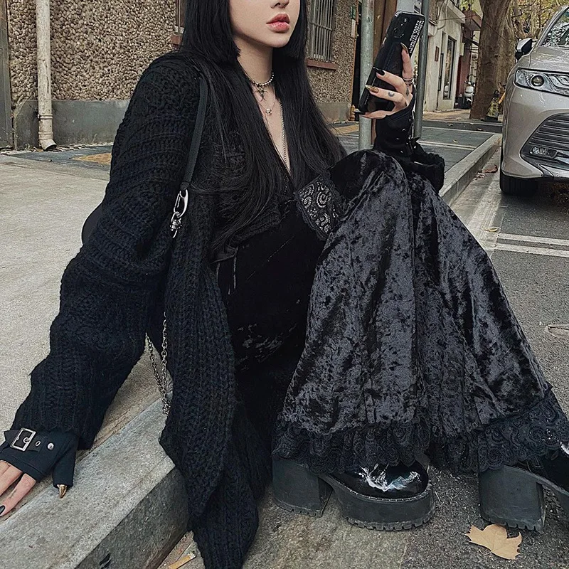 เซ็กซี่แฟชั่นPatchworkลูกไม้Flareกางเกงผู้หญิงGothic Dark Highเอวกางเกงหลวม 2021 New Street Suedeกางเกง